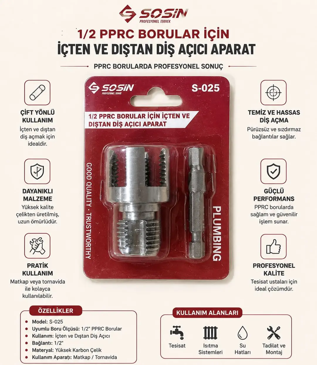 Ürün görseli: BULMAX İÇ-DIŞ PPRC BORU DİŞ AÇMA APARATI 1/2