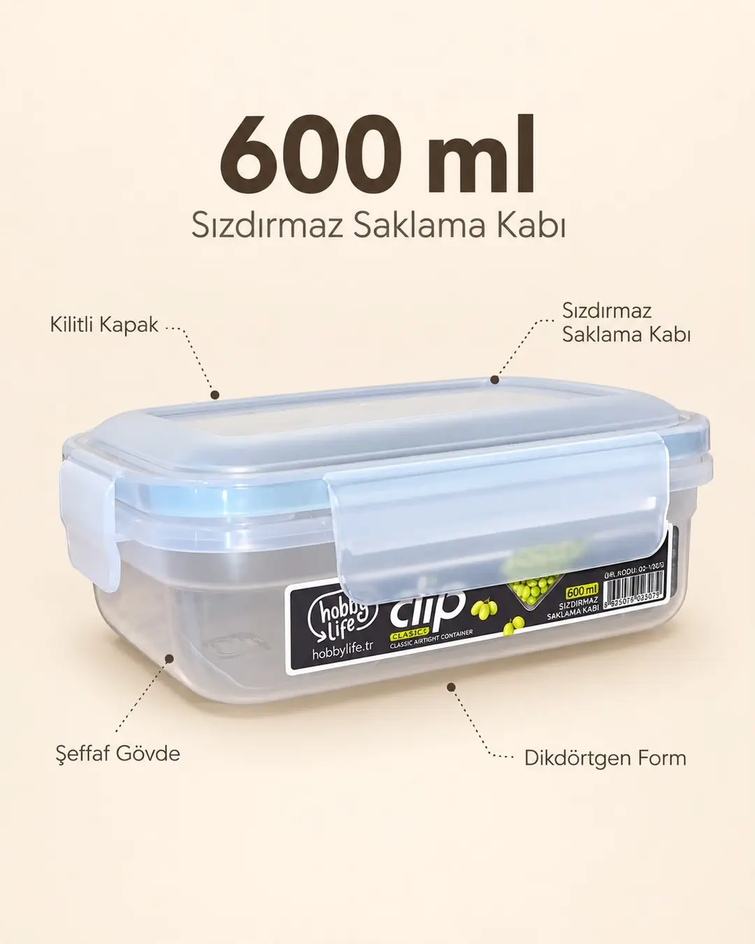 Ürün görseli: HOBBY LİFE CLİP KLASİK SIZDIRMAZ SAKLAMA SIĞ 600ML 02 1901