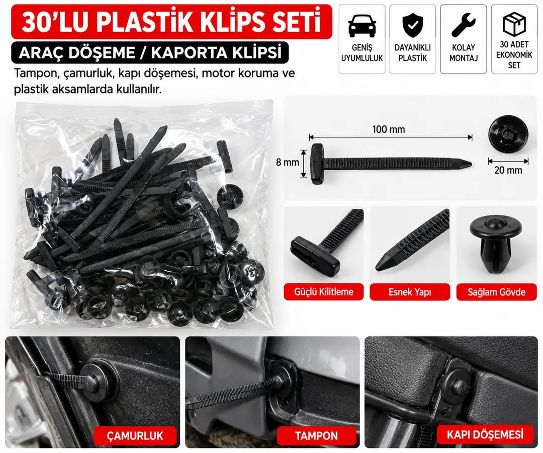 Ürün görseli: ATASAN OTO ARABA TAMİR CIRT KELEPÇE KLİPS SETİ 30LU