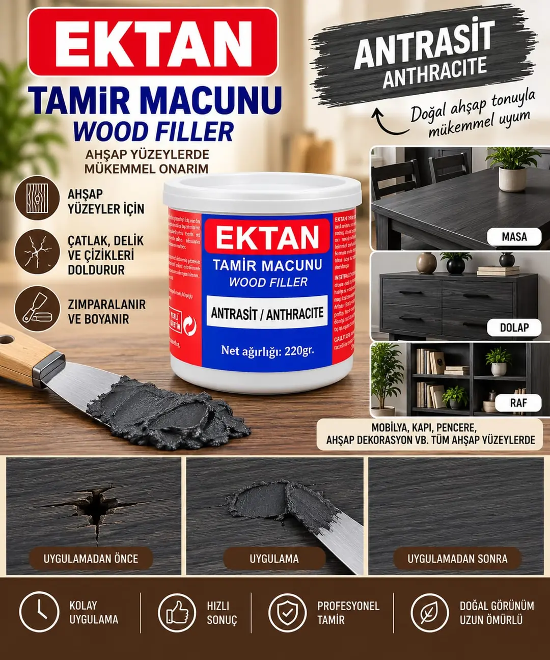 Ürün görseli: BALKAN MOBİLYA TAMİR MACUNU ANTRASİT