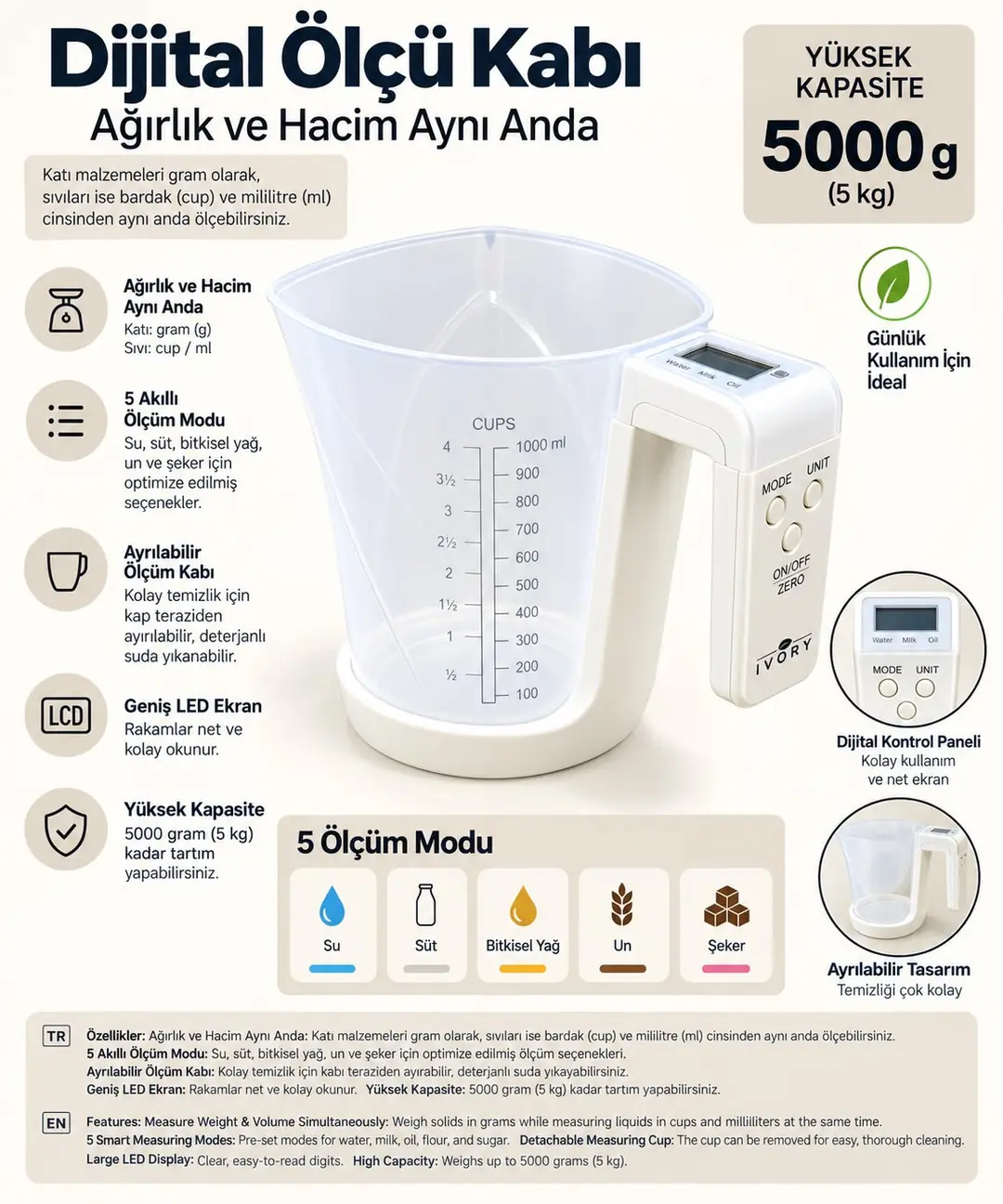Ürün görseli: BENNA IVORY ELEKTRONİK MUTFAK TERAZİSİ TRZ134