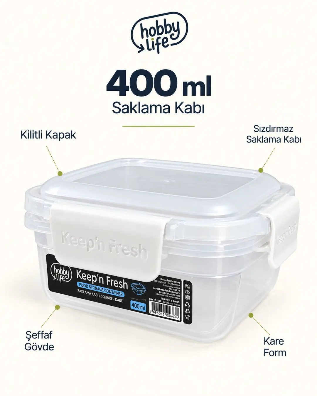 Ürün görseli: HOBBY LİFE 400ML KEEPNFRESH KARE SIĞ SIZDIRMAZ SAKLAMA 021716